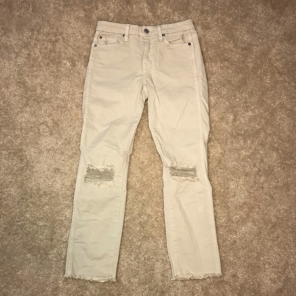 7 for All Mankind Beige Ripped Ankle Jeans